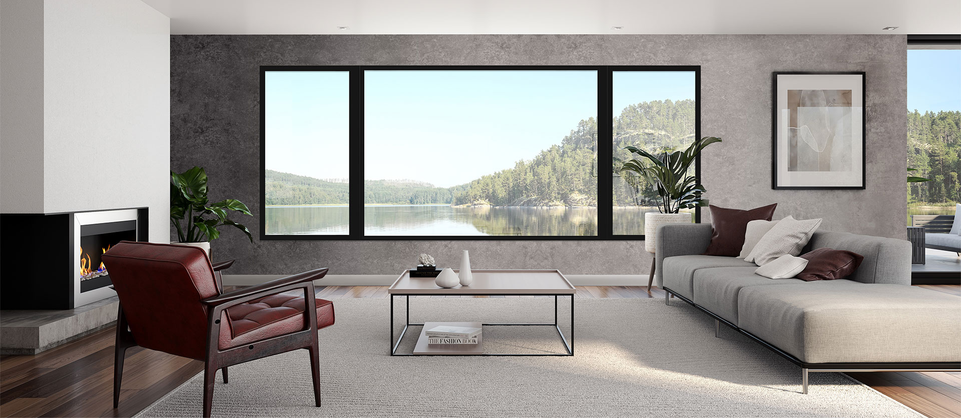 Grande fenêtre combinée vue du salon avec foyer